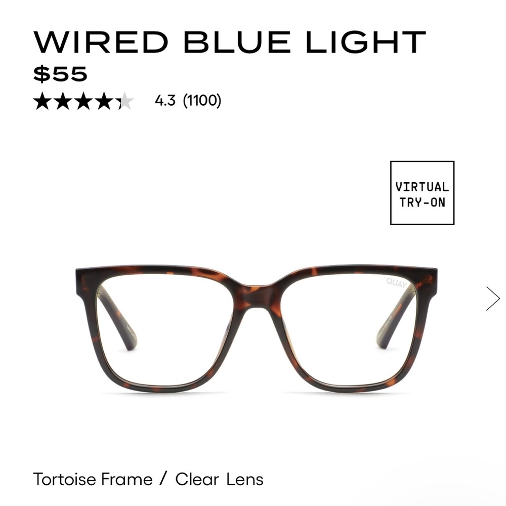 QUAY wired blue light glasses. Tortoise frame, clear lens.